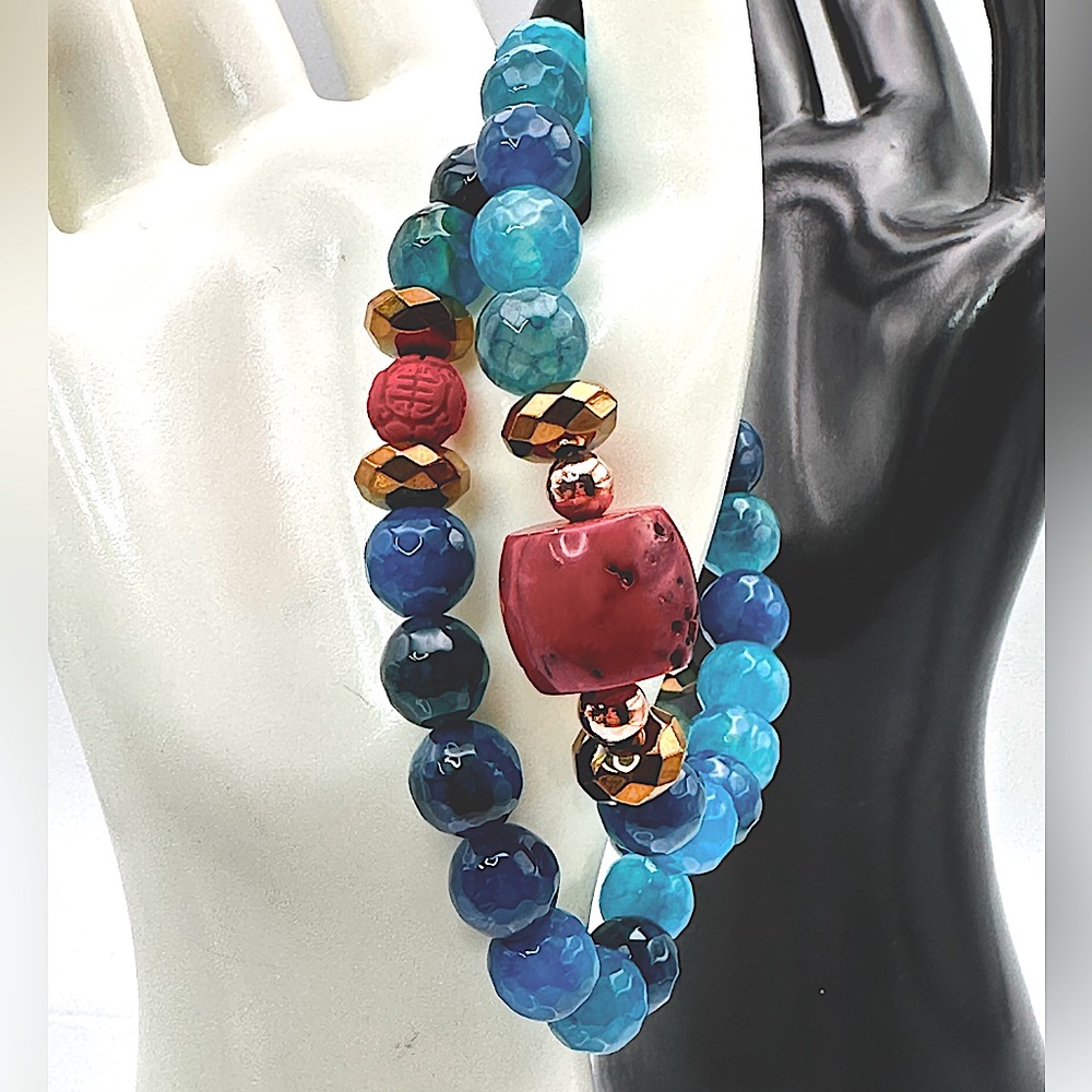 RED CORAL + DRAGON VEINS AGATE NATURAL STONES BRACELET size 7”,8”